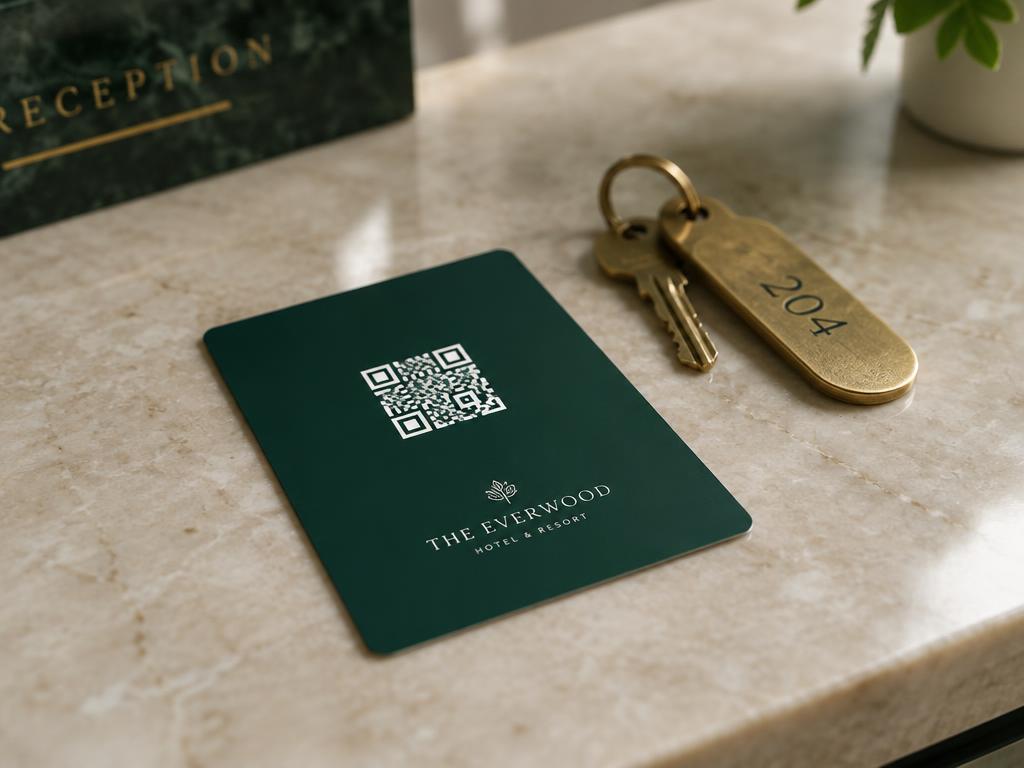 QR-Code auf einer dunkelgrünen Kunststoffkarte neben einem Zimmerschlüssel