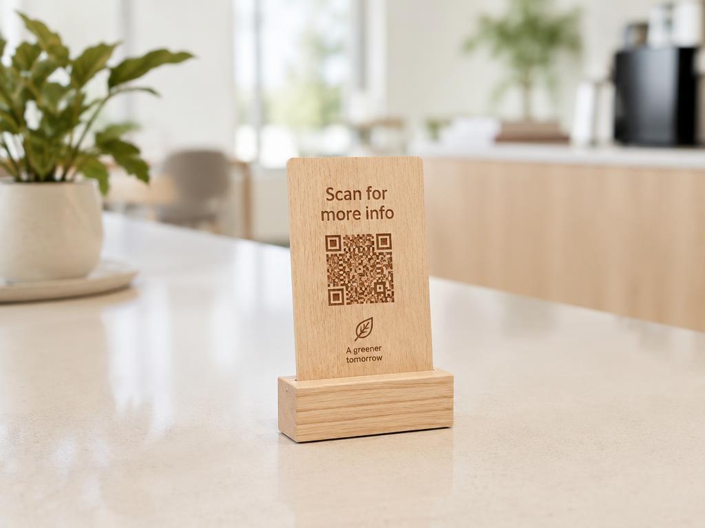 Gravierter Holzaufsteller mit QR-Code auf einer Theke